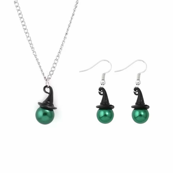 Wicked Witch Of The West Green Faux Pearl rNecklace & Earrings Set Silver Tone - Picture 2 of 12